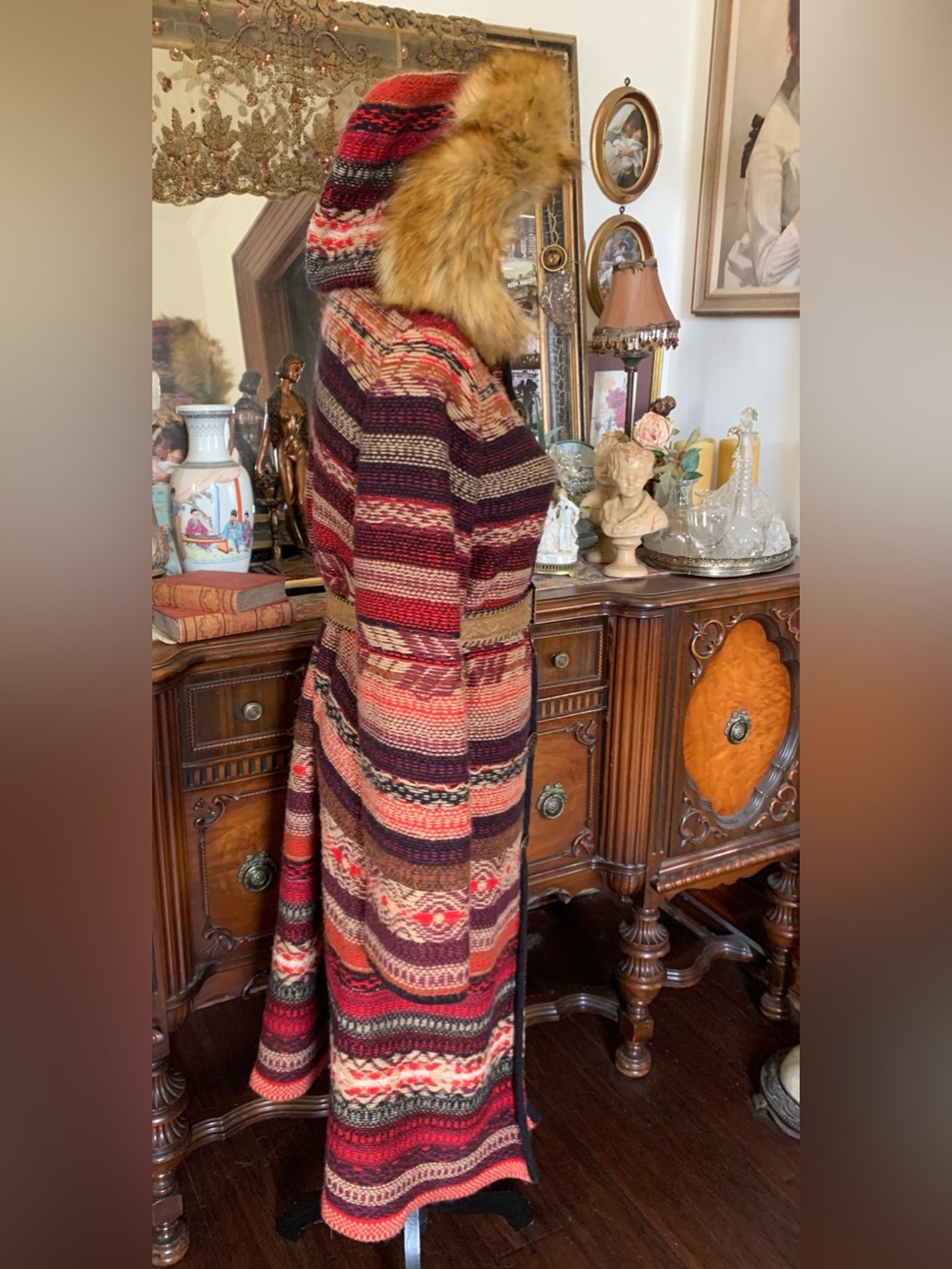 Vintage Boho Nepal-inspired Cardigan Sweater w Leather Belt & Faux Fur Hood - Picture 3 of 16